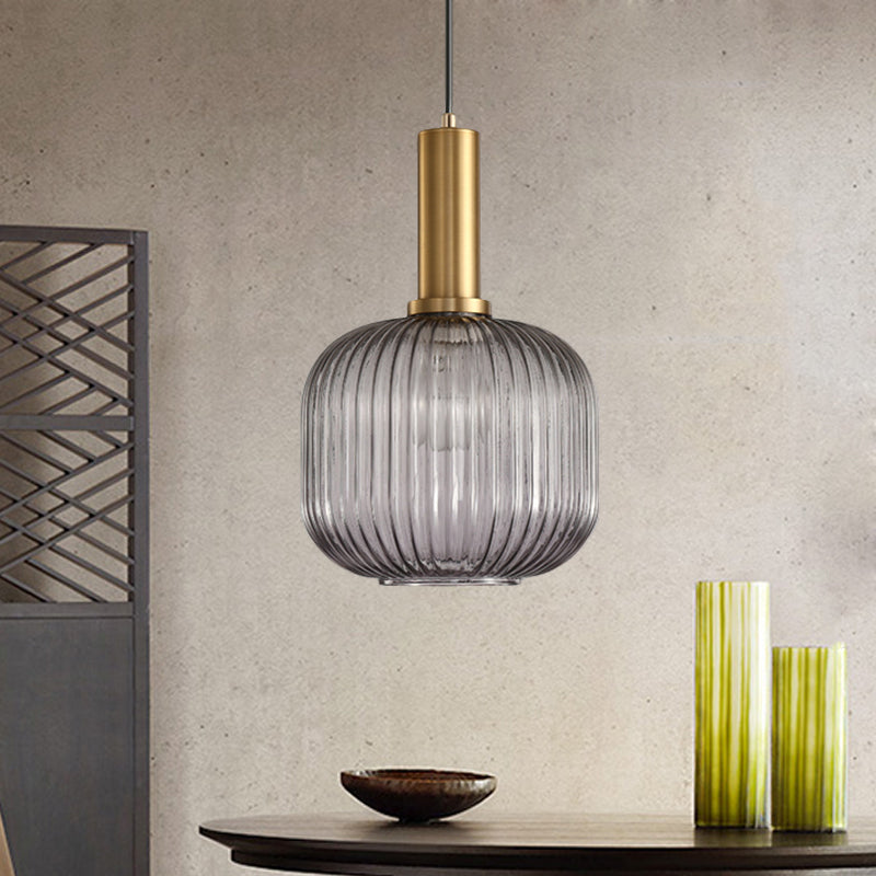 Zwarte/Gouden Cilinder/Ovaal/Capsule Hanglamp Modernistisch 1 Licht Grijs/Groen/Amber Geribbeld Glas Plafondlamp voor Keuken