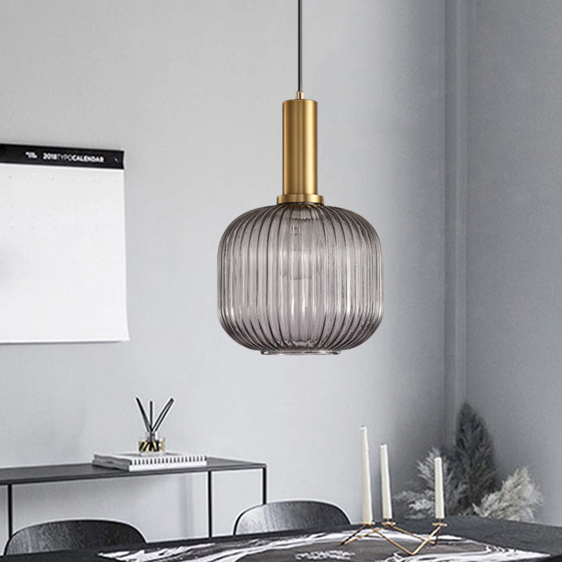 Zwarte/Gouden Cilinder/Ovaal/Capsule Hanglamp Modernistisch 1 Licht Grijs/Groen/Amber Geribbeld Glas Plafondlamp voor Keuken