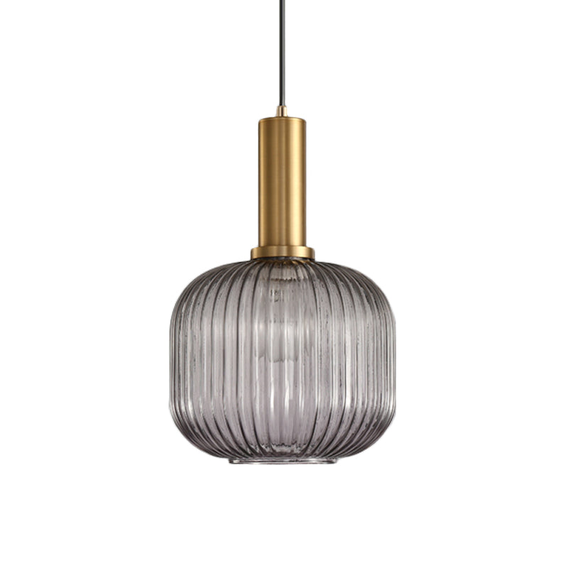 Zwarte/Gouden Cilinder/Ovaal/Capsule Hanglamp Modernistisch 1 Licht Grijs/Groen/Amber Geribbeld Glas Plafondlamp voor Keuken