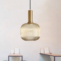 Zwarte/Gouden Cilinder/Ovaal/Capsule Hanglamp Modernistisch 1 Licht Grijs/Groen/Amber Geribbeld Glas Plafondlamp voor Keuken