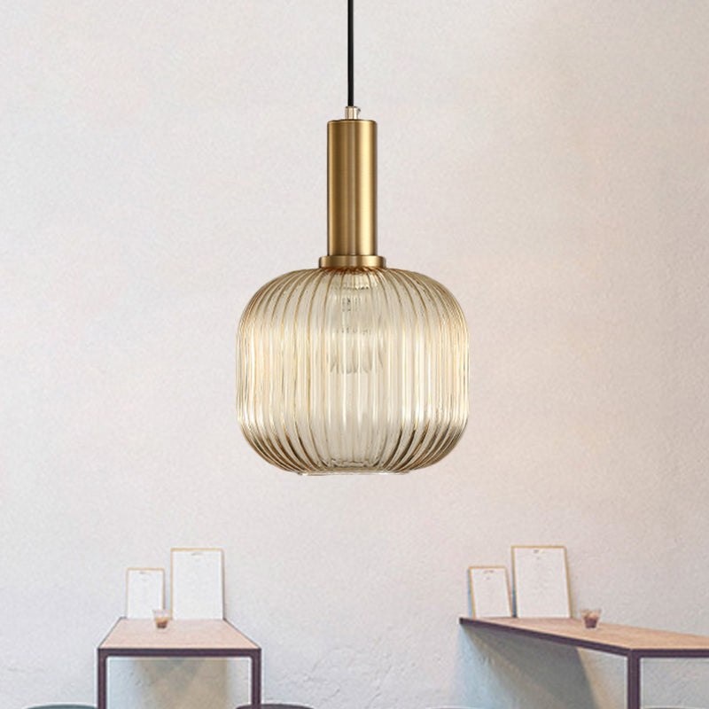 Zwarte/Gouden Cilinder/Ovaal/Capsule Hanglamp Modernistisch 1 Licht Grijs/Groen/Amber Geribbeld Glas Plafondlamp voor Keuken