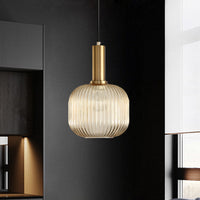 Zwarte/Gouden Cilinder/Ovaal/Capsule Hanglamp Modernistisch 1 Licht Grijs/Groen/Amber Geribbeld Glas Plafondlamp voor Keuken
