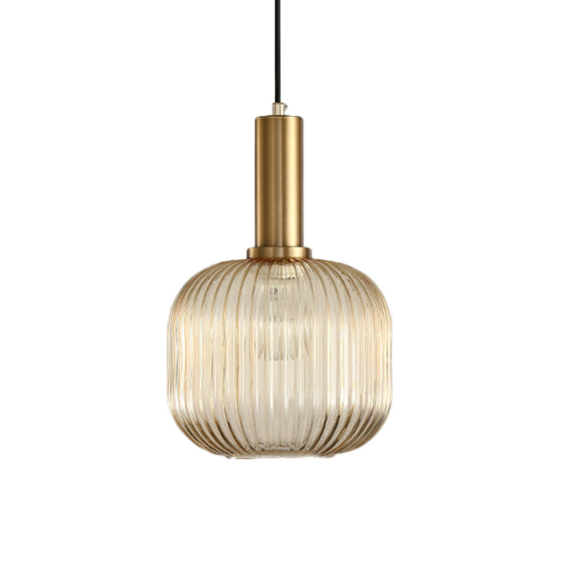 Zwarte/Gouden Cilinder/Ovaal/Capsule Hanglamp Modernistisch 1 Licht Grijs/Groen/Amber Geribbeld Glas Plafondlamp voor Keuken