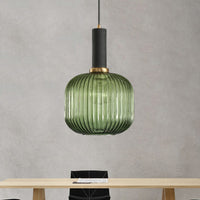 Zwarte/Gouden Cilinder/Ovaal/Capsule Hanglamp Modernistisch 1 Licht Grijs/Groen/Amber Geribbeld Glas Plafondlamp voor Keuken