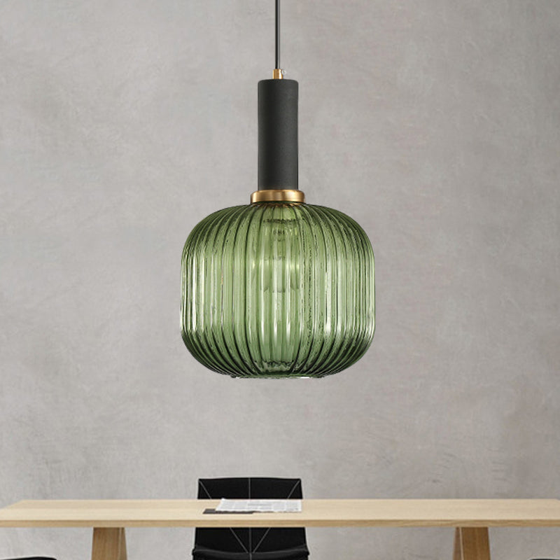 Zwarte/Gouden Cilinder/Ovaal/Capsule Hanglamp Modernistisch 1 Licht Grijs/Groen/Amber Geribbeld Glas Plafondlamp voor Keuken