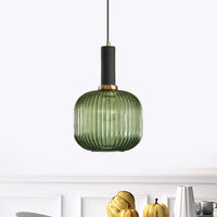 Zwarte/Gouden Cilinder/Ovaal/Capsule Hanglamp Modernistisch 1 Licht Grijs/Groen/Amber Geribbeld Glas Plafondlamp voor Keuken