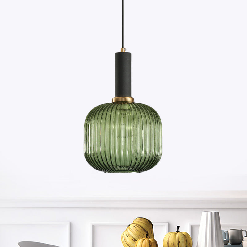 Zwarte/Gouden Cilinder/Ovaal/Capsule Hanglamp Modernistisch 1 Licht Grijs/Groen/Amber Geribbeld Glas Plafondlamp voor Keuken