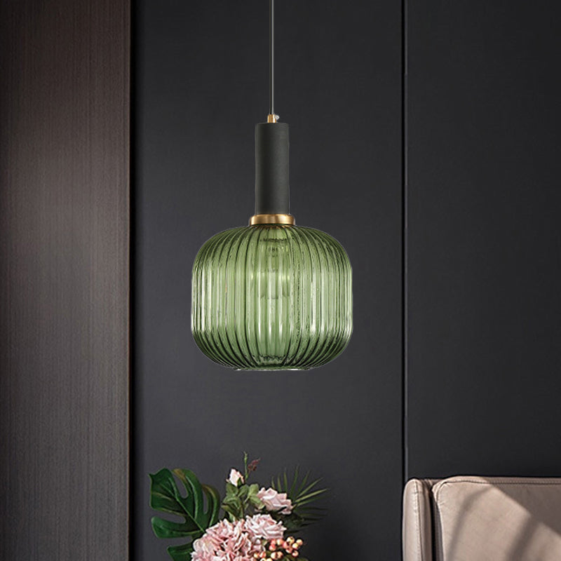 Zwarte/Gouden Cilinder/Ovaal/Capsule Hanglamp Modernistisch 1 Licht Grijs/Groen/Amber Geribbeld Glas Plafondlamp voor Keuken