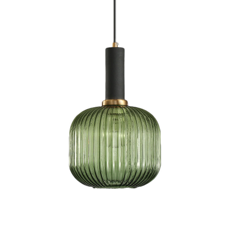 Zwarte/Gouden Cilinder/Ovaal/Capsule Hanglamp Modernistisch 1 Licht Grijs/Groen/Amber Geribbeld Glas Plafondlamp voor Keuken