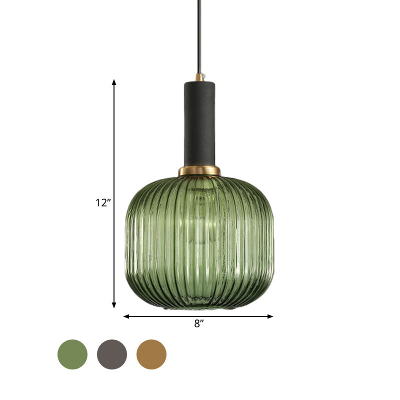 Zwarte/Gouden Cilinder/Ovaal/Capsule Hanglamp Modernistisch 1 Licht Grijs/Groen/Amber Geribbeld Glas Plafondlamp voor Keuken