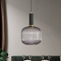 Zwarte/Gouden Cilinder/Ovaal/Capsule Hanglamp Modernistisch 1 Licht Grijs/Groen/Amber Geribbeld Glas Plafondlamp voor Keuken