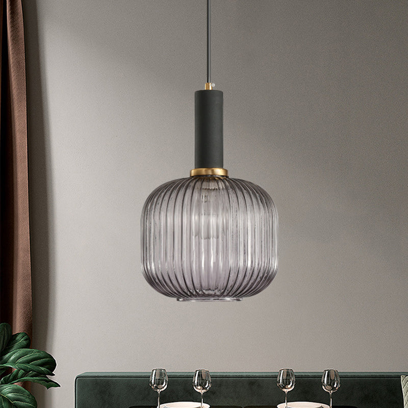 Zwarte/Gouden Cilinder/Ovaal/Capsule Hanglamp Modernistisch 1 Licht Grijs/Groen/Amber Geribbeld Glas Plafondlamp voor Keuken