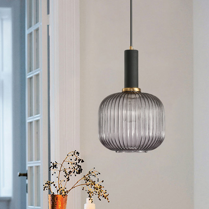 Zwarte/Gouden Cilinder/Ovaal/Capsule Hanglamp Modernistisch 1 Licht Grijs/Groen/Amber Geribbeld Glas Plafondlamp voor Keuken