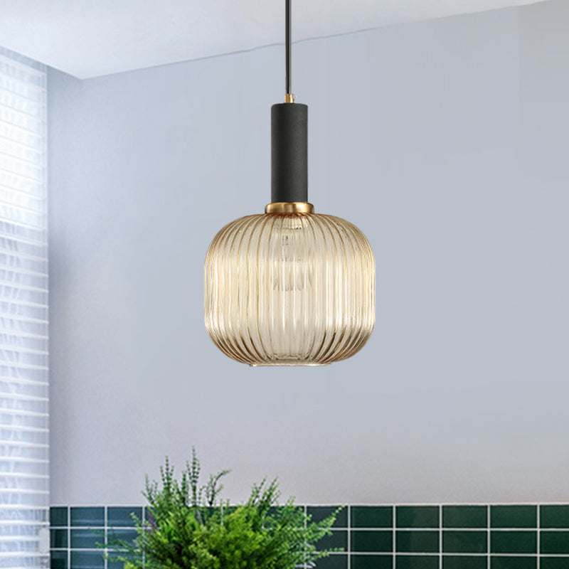 Zwarte/Gouden Cilinder/Ovaal/Capsule Hanglamp Modernistisch 1 Licht Grijs/Groen/Amber Geribbeld Glas Plafondlamp voor Keuken