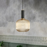 Zwarte/Gouden Cilinder/Ovaal/Capsule Hanglamp Modernistisch 1 Licht Grijs/Groen/Amber Geribbeld Glas Plafondlamp voor Keuken