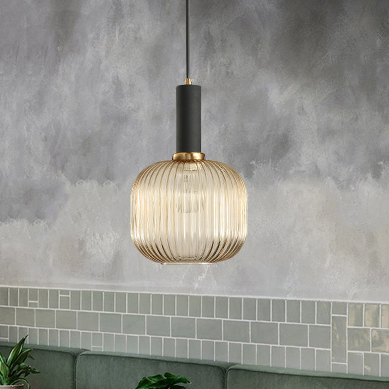 Zwarte/Gouden Cilinder/Ovaal/Capsule Hanglamp Modernistisch 1 Licht Grijs/Groen/Amber Geribbeld Glas Plafondlamp voor Keuken