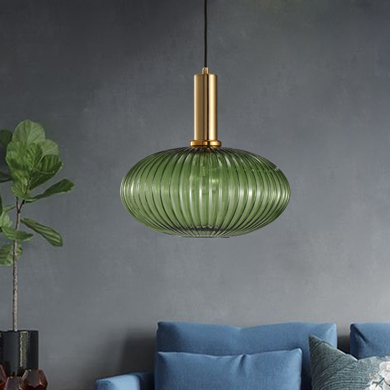 Zwarte/Gouden Cilinder/Ovaal/Capsule Hanglamp Modernistisch 1 Licht Grijs/Groen/Amber Geribbeld Glas Plafondlamp voor Keuken