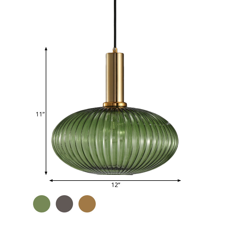 Zwarte/Gouden Cilinder/Ovaal/Capsule Hanglamp Modernistisch 1 Licht Grijs/Groen/Amber Geribbeld Glas Plafondlamp voor Keuken