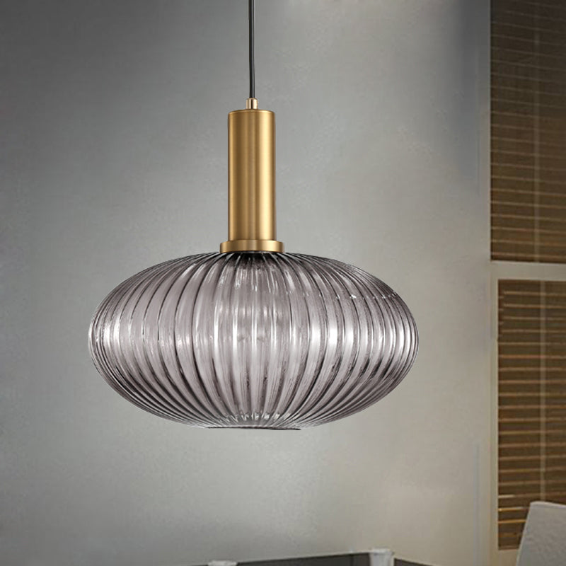 Zwarte/Gouden Cilinder/Ovaal/Capsule Hanglamp Modernistisch 1 Licht Grijs/Groen/Amber Geribbeld Glas Plafondlamp voor Keuken