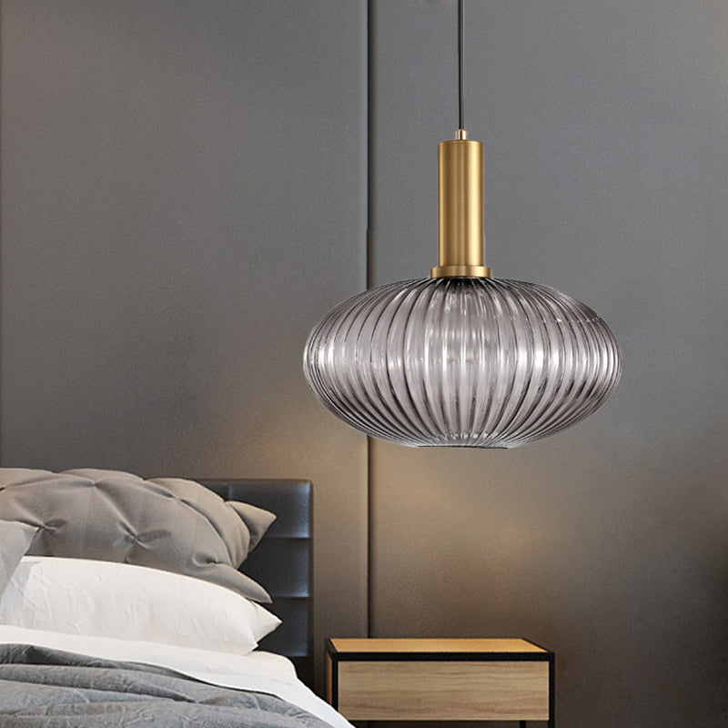 Zwarte/Gouden Cilinder/Ovaal/Capsule Hanglamp Modernistisch 1 Licht Grijs/Groen/Amber Geribbeld Glas Plafondlamp voor Keuken