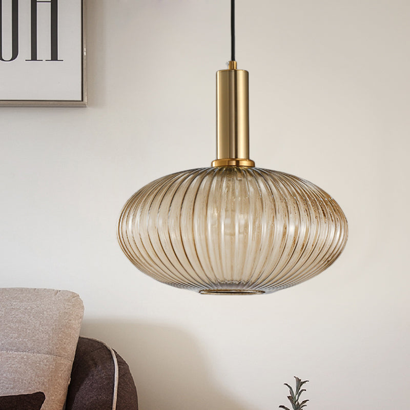 Zwarte/Gouden Cilinder/Ovaal/Capsule Hanglamp Modernistisch 1 Licht Grijs/Groen/Amber Geribbeld Glas Plafondlamp voor Keuken