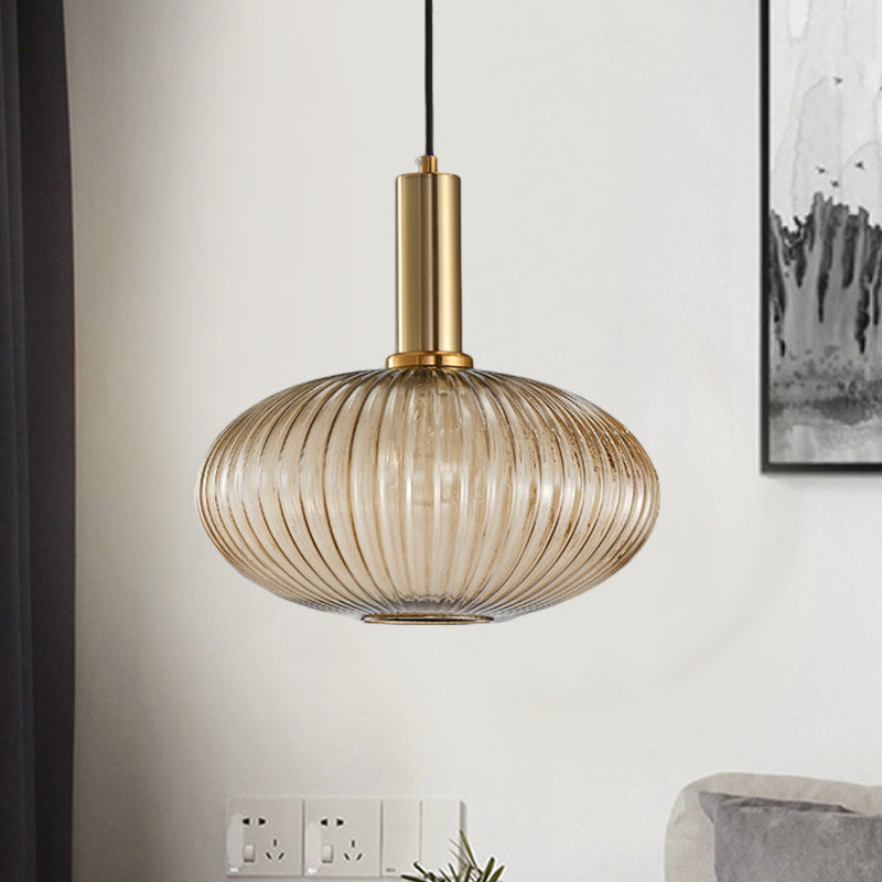 Zwarte/Gouden Cilinder/Ovaal/Capsule Hanglamp Modernistisch 1 Licht Grijs/Groen/Amber Geribbeld Glas Plafondlamp voor Keuken
