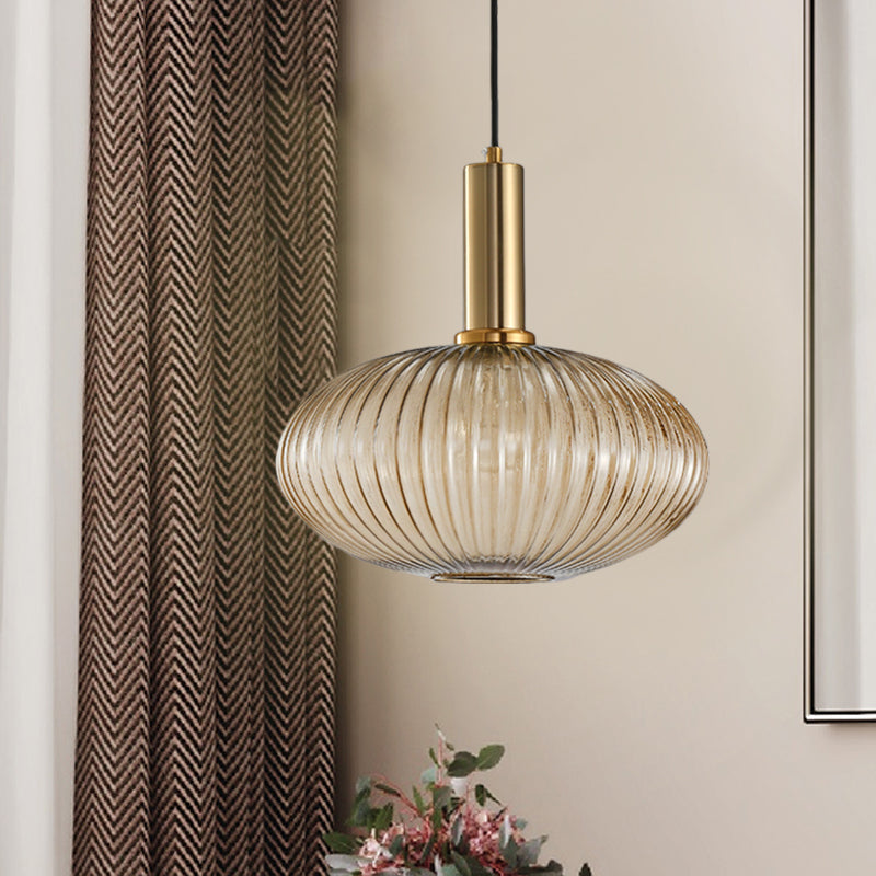 Zwarte/Gouden Cilinder/Ovaal/Capsule Hanglamp Modernistisch 1 Licht Grijs/Groen/Amber Geribbeld Glas Plafondlamp voor Keuken
