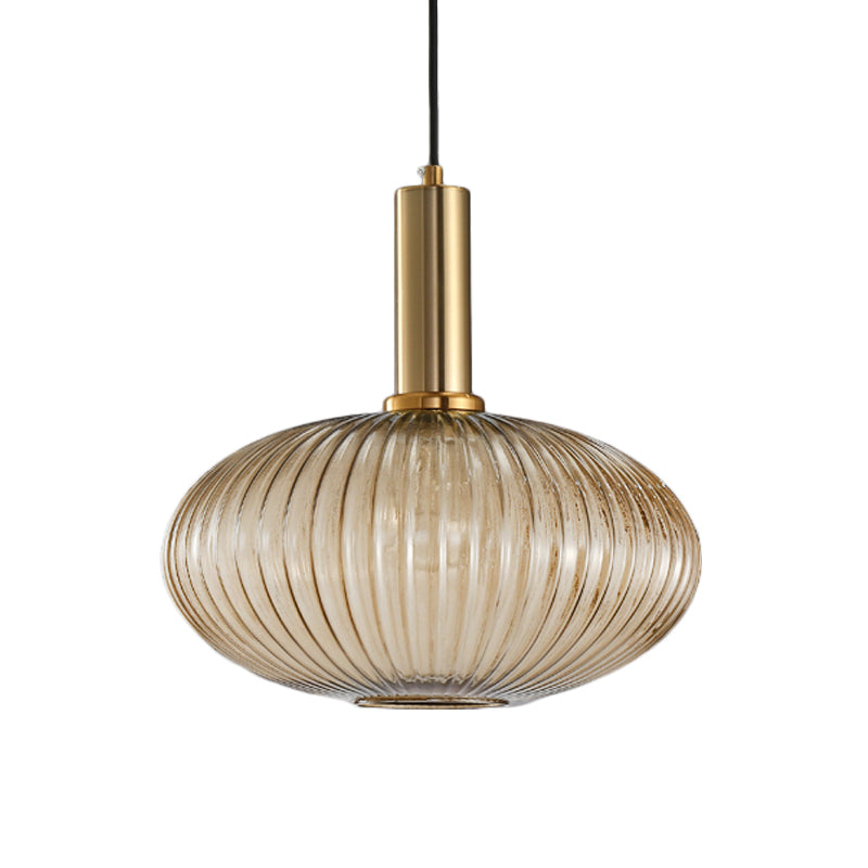 Zwarte/Gouden Cilinder/Ovaal/Capsule Hanglamp Modernistisch 1 Licht Grijs/Groen/Amber Geribbeld Glas Plafondlamp voor Keuken