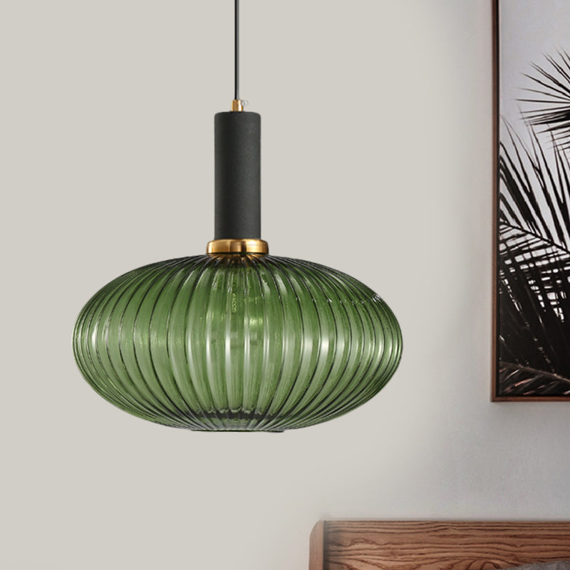Zwarte/Gouden Cilinder/Ovaal/Capsule Hanglamp Modernistisch 1 Licht Grijs/Groen/Amber Geribbeld Glas Plafondlamp voor Keuken