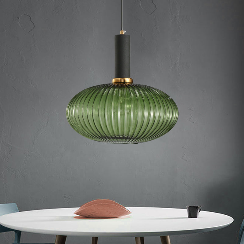 Zwarte/Gouden Cilinder/Ovaal/Capsule Hanglamp Modernistisch 1 Licht Grijs/Groen/Amber Geribbeld Glas Plafondlamp voor Keuken