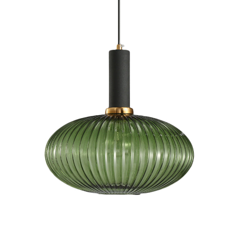 Zwarte/Gouden Cilinder/Ovaal/Capsule Hanglamp Modernistisch 1 Licht Grijs/Groen/Amber Geribbeld Glas Plafondlamp voor Keuken