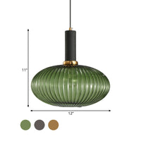 Zwarte/Gouden Cilinder/Ovaal/Capsule Hanglamp Modernistisch 1 Licht Grijs/Groen/Amber Geribbeld Glas Plafondlamp voor Keuken