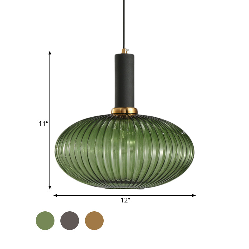 Zwarte/Gouden Cilinder/Ovaal/Capsule Hanglamp Modernistisch 1 Licht Grijs/Groen/Amber Geribbeld Glas Plafondlamp voor Keuken