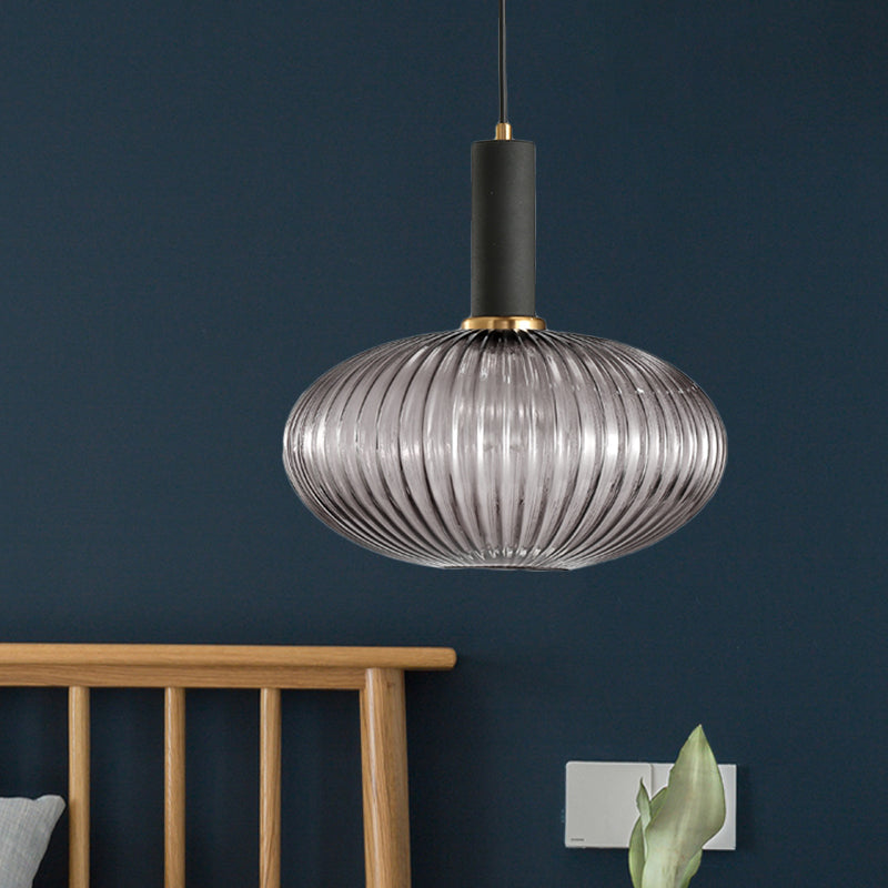 Zwarte/Gouden Cilinder/Ovaal/Capsule Hanglamp Modernistisch 1 Licht Grijs/Groen/Amber Geribbeld Glas Plafondlamp voor Keuken