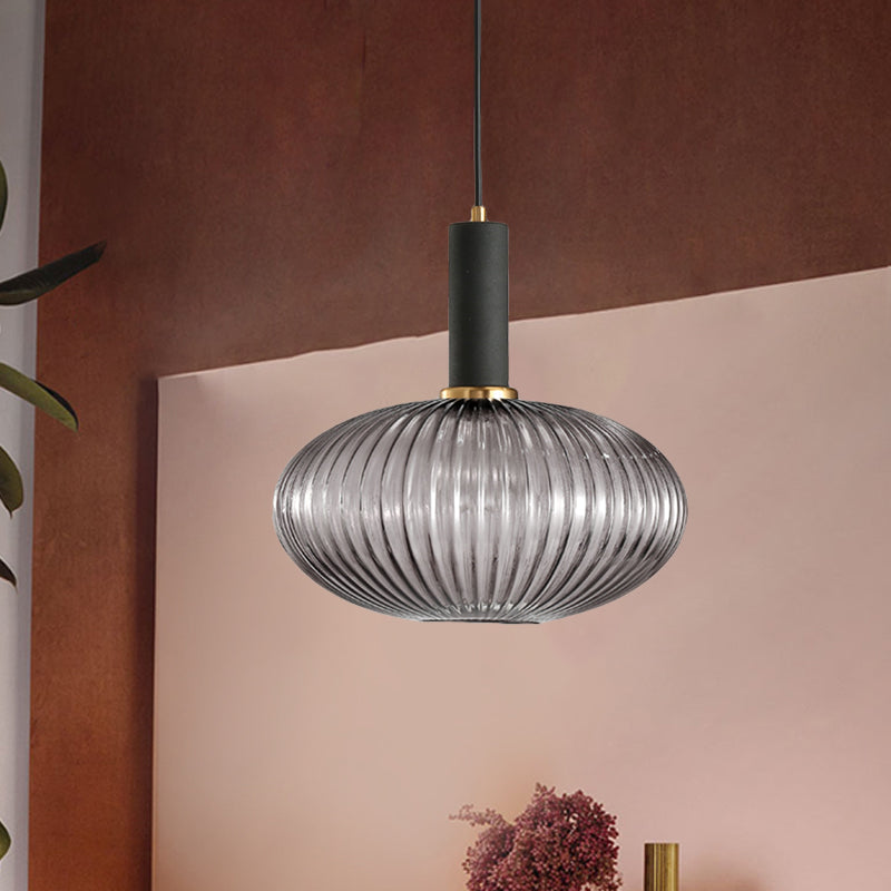 Zwarte/Gouden Cilinder/Ovaal/Capsule Hanglamp Modernistisch 1 Licht Grijs/Groen/Amber Geribbeld Glas Plafondlamp voor Keuken