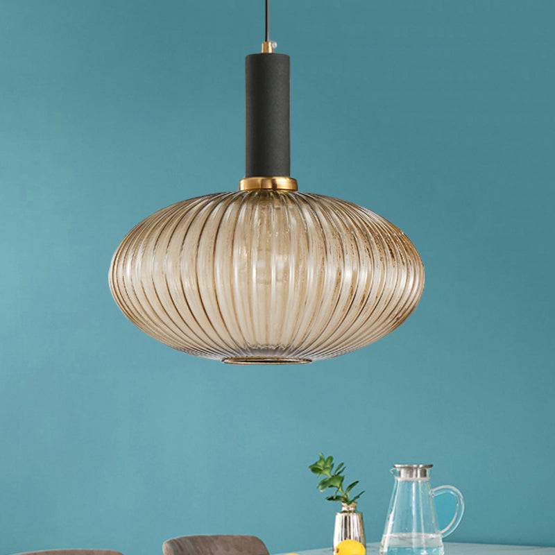 Zwarte/Gouden Cilinder/Ovaal/Capsule Hanglamp Modernistisch 1 Licht Grijs/Groen/Amber Geribbeld Glas Plafondlamp voor Keuken