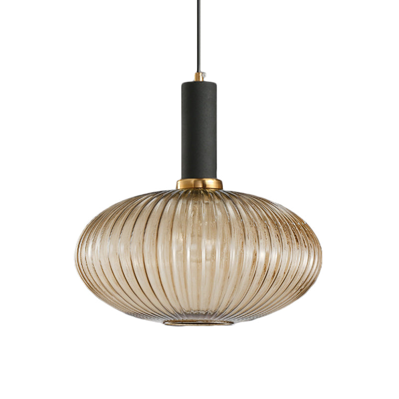 Zwarte/Gouden Cilinder/Ovaal/Capsule Hanglamp Modernistisch 1 Licht Grijs/Groen/Amber Geribbeld Glas Plafondlamp voor Keuken