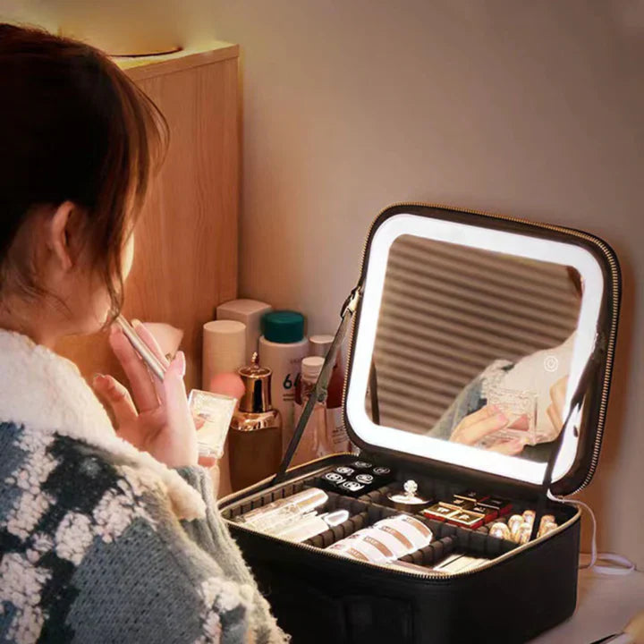 GlowLuxe LED beautycase | Draagbare beauty organizer met verstelbare LED spiegel voor vlekkeloze