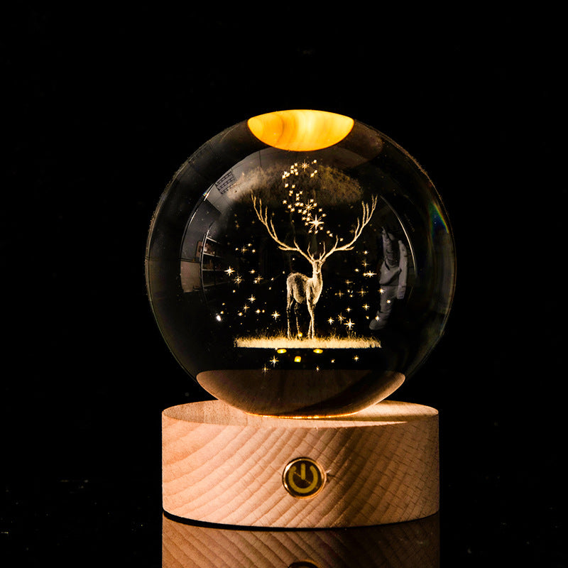 LED 3D Lamp in Kristal – Decoratieve Bol met Houten Basis