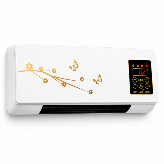 AirChill wandgemonteerde elektrische verwarming in wit met digitaal display en goud bloemenmotief op witte achtergrond