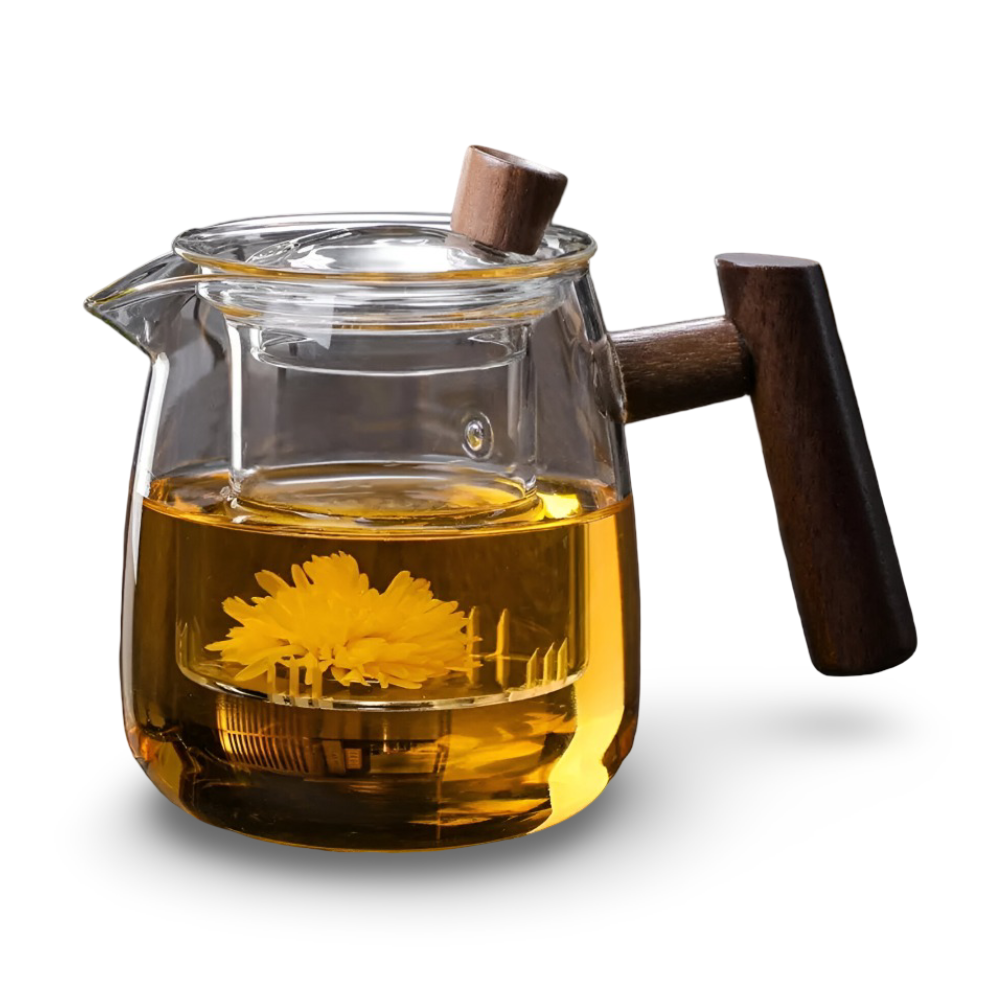 Rovienne – Rookgrijze Glazen Theepot 600ml met Houten Handgreep