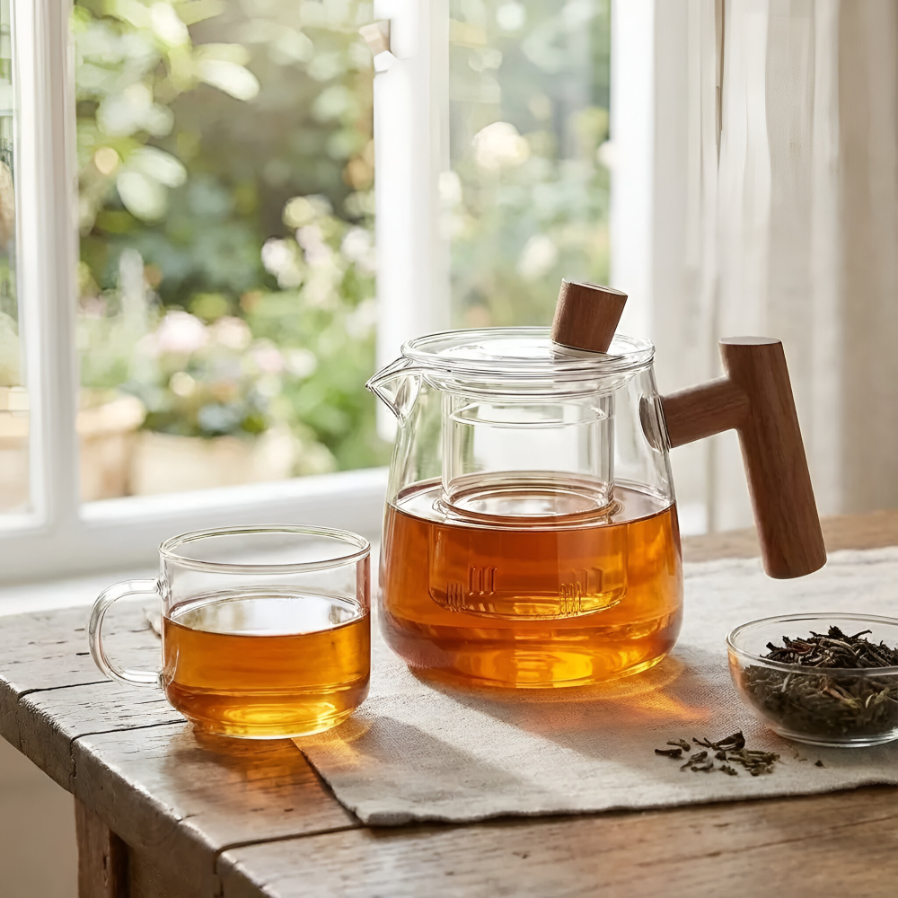 Rovienne – Rookgrijze Glazen Theepot 600ml met Houten Handgreep
