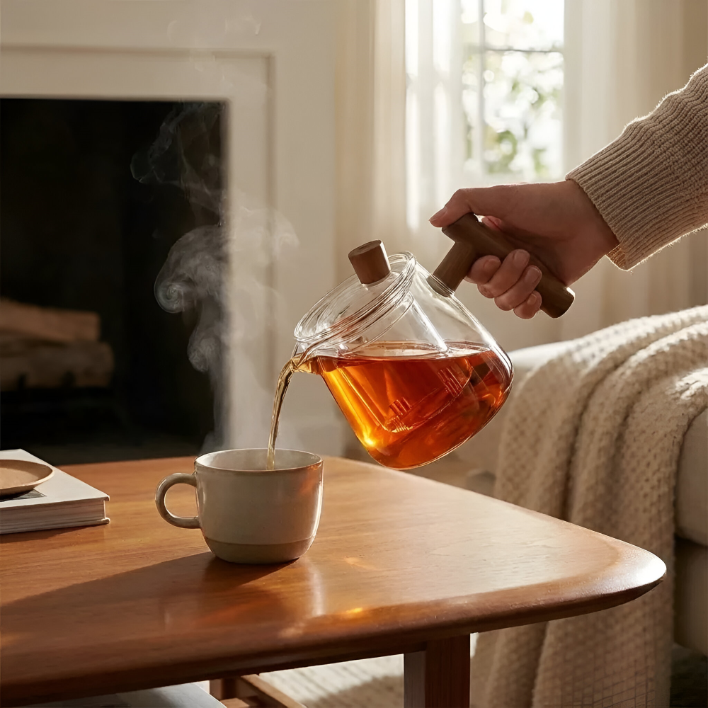 Rovienne – Rookgrijze Glazen Theepot 600ml met Houten Handgreep