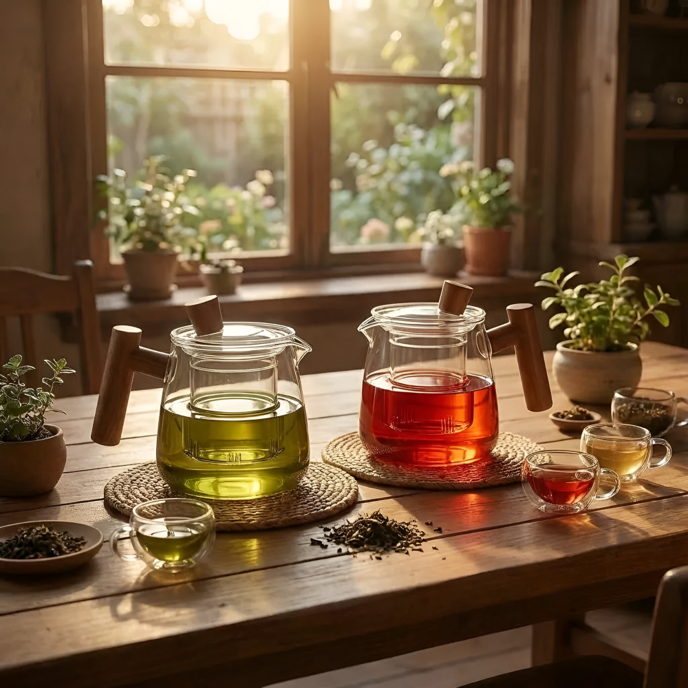 Rovienne – Rookgrijze Glazen Theepot 600ml met Houten Handgreep