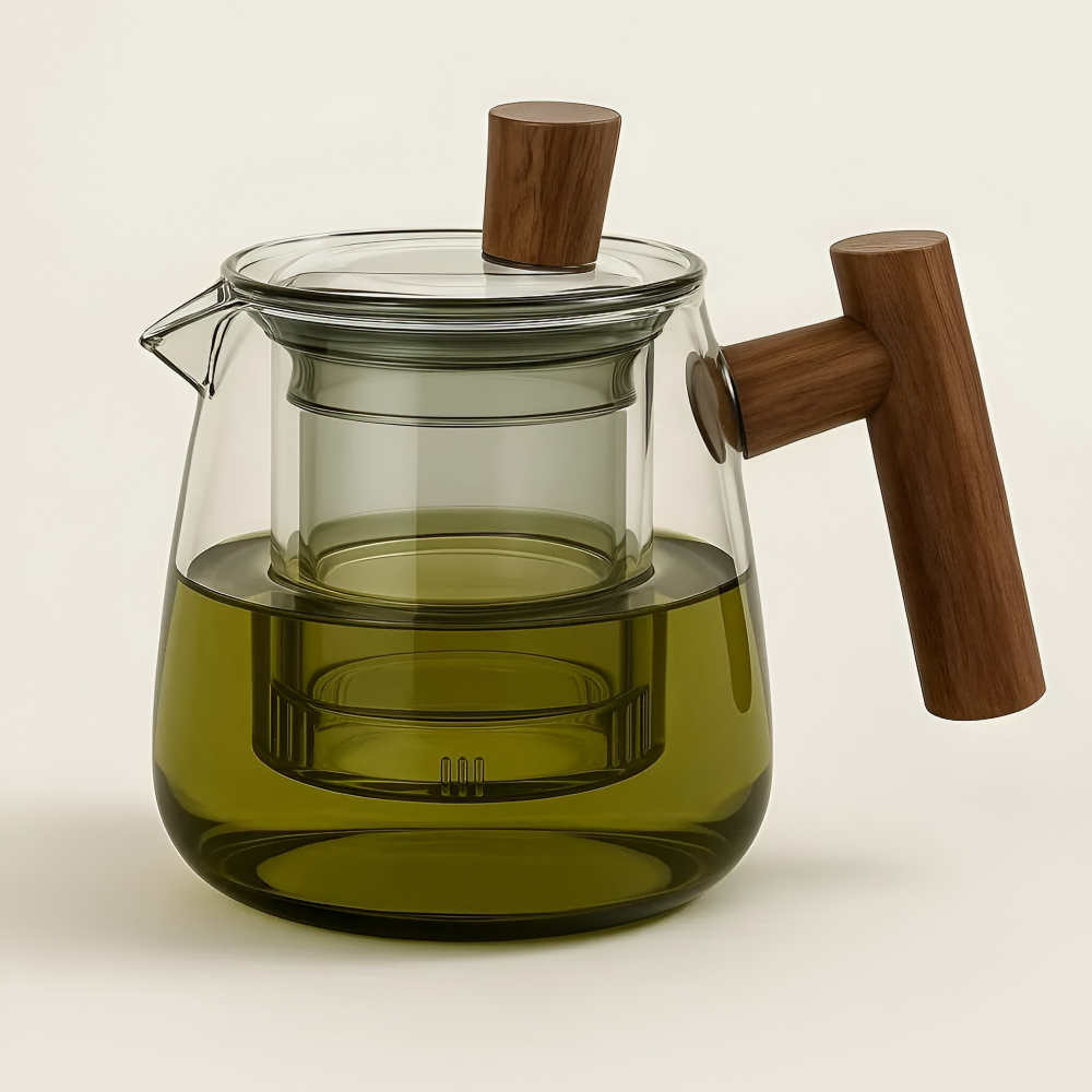 Rovienne – Rookgrijze Glazen Theepot 600ml met Houten Handgreep