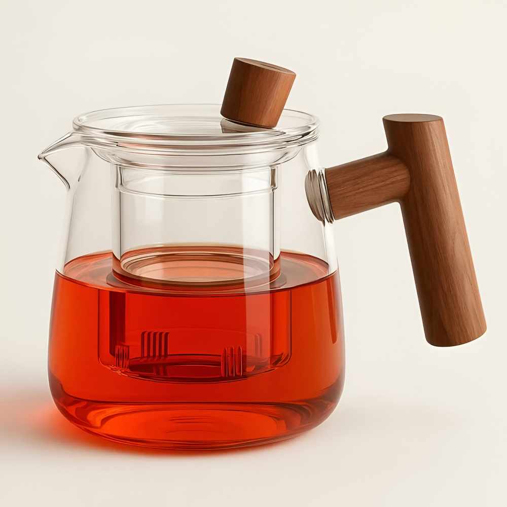 Rovienne – Rookgrijze Glazen Theepot 600ml met Houten Handgreep