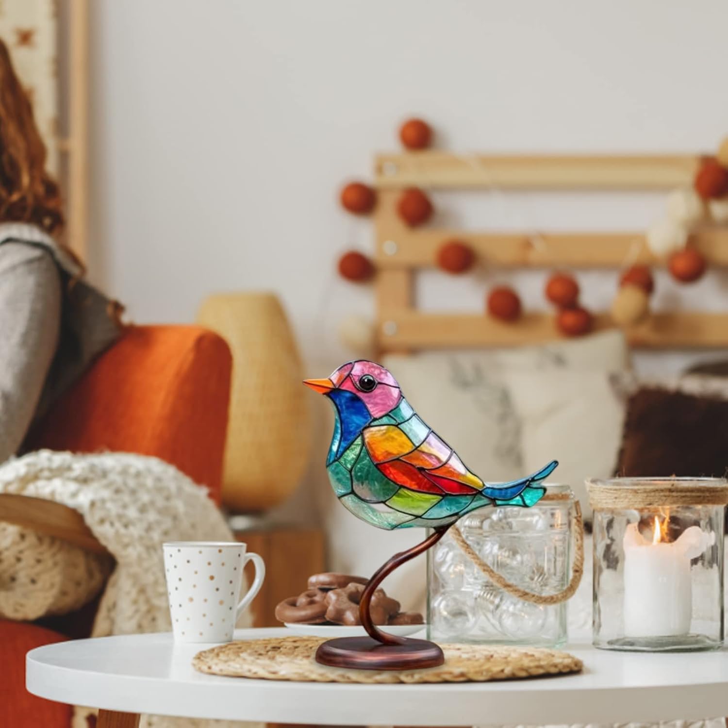 Moderne vogel tafel sculptuur met gekleurd glas en decoratief kunstontwerp