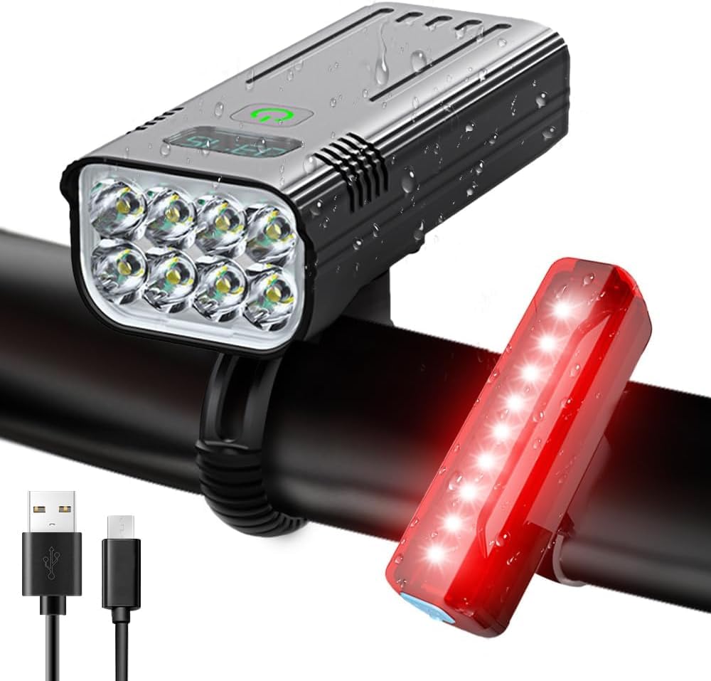 Skanto | Victoper 8000 Lumen Fietsverlichting Set, 8 Led USB Oplaadbare Voor- & Achterlicht, Mat Zwart