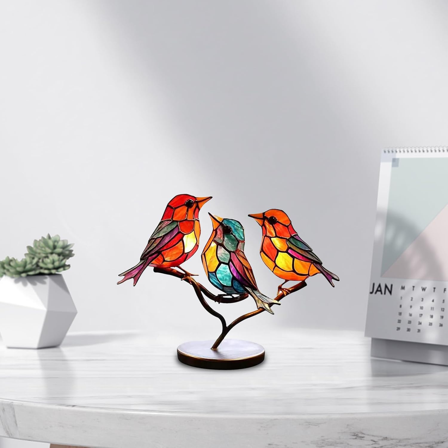Moderne vogel tafel sculptuur met gekleurd glas en decoratief kunstontwerp