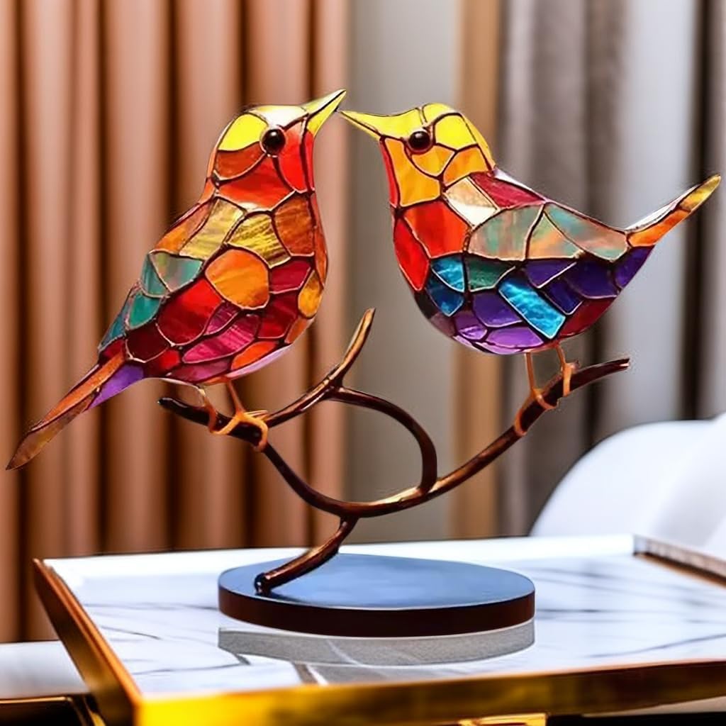 Moderne vogel tafel sculptuur met gekleurd glas en decoratief kunstontwerp